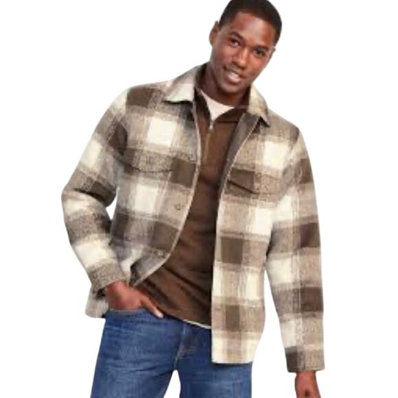 Old Navy Mens Brown Plaid Shacket Size XXL Full Button Front 4 Pocket Wool - Picture 1 of 16
